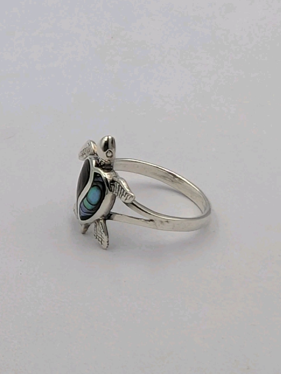 925 Sterling Silver Sea Turtle Split Heart Inlaid Abalone Shell Ring – Sz 7.75
