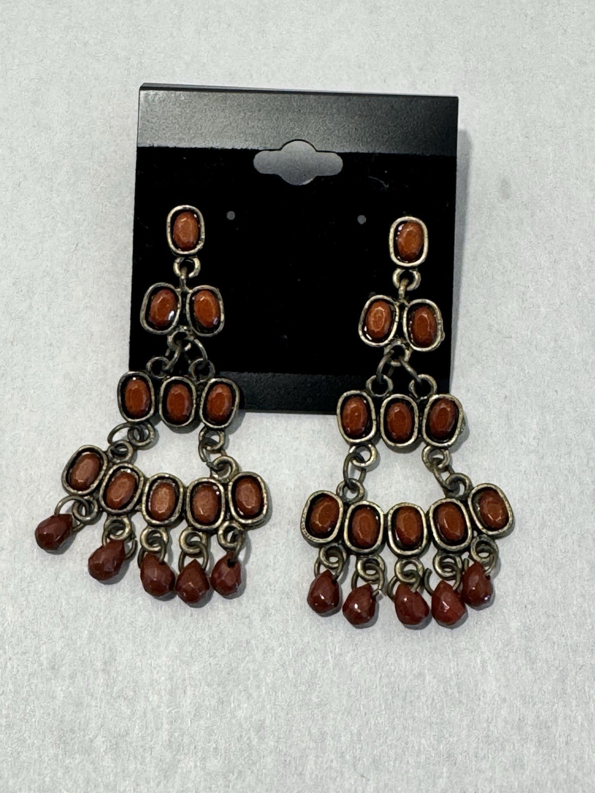 Boho Chandelier Dangle Earrings Red Brown Cabochon Bead Drops