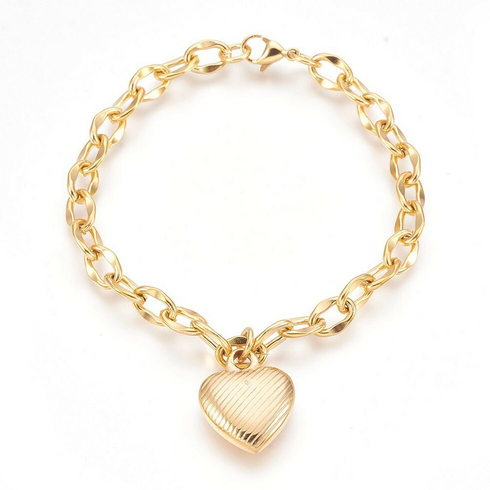 Stainless Steel Pendant Bracelet Chains Lobster Clasp Heart Gold 7.8″ 7mm P249