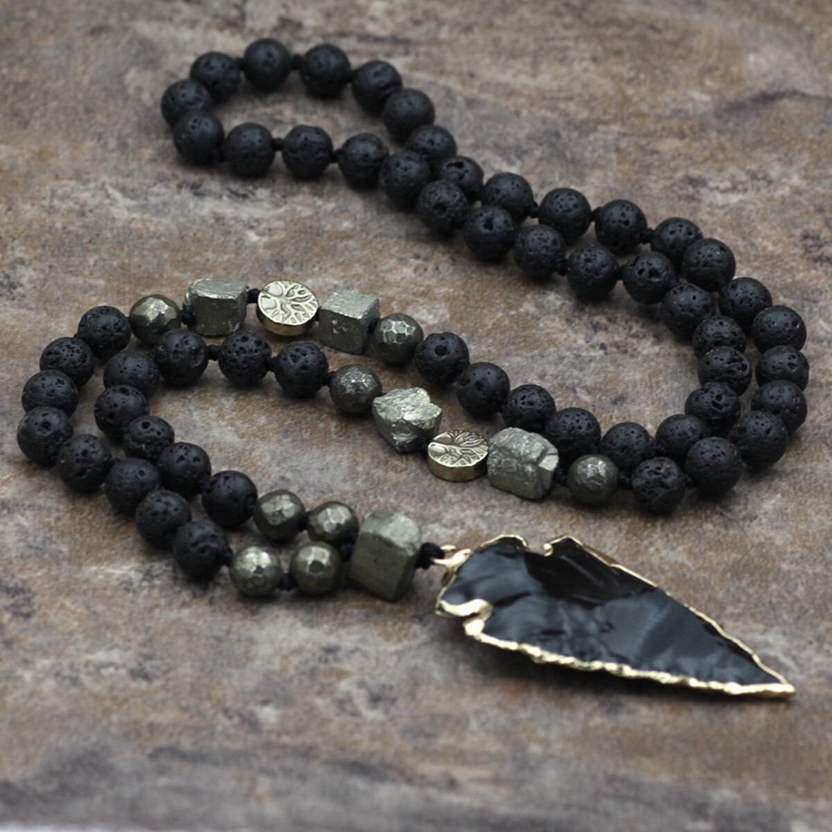 Natural Lava Rock + Black Obsidain Arrow Pendant Necklace Healing Necklace