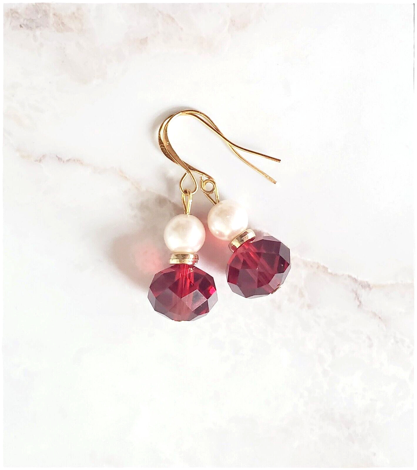 Pearl & Red Crystal Dangle Earrings Anniversary Wedding Birthday Gift for Women