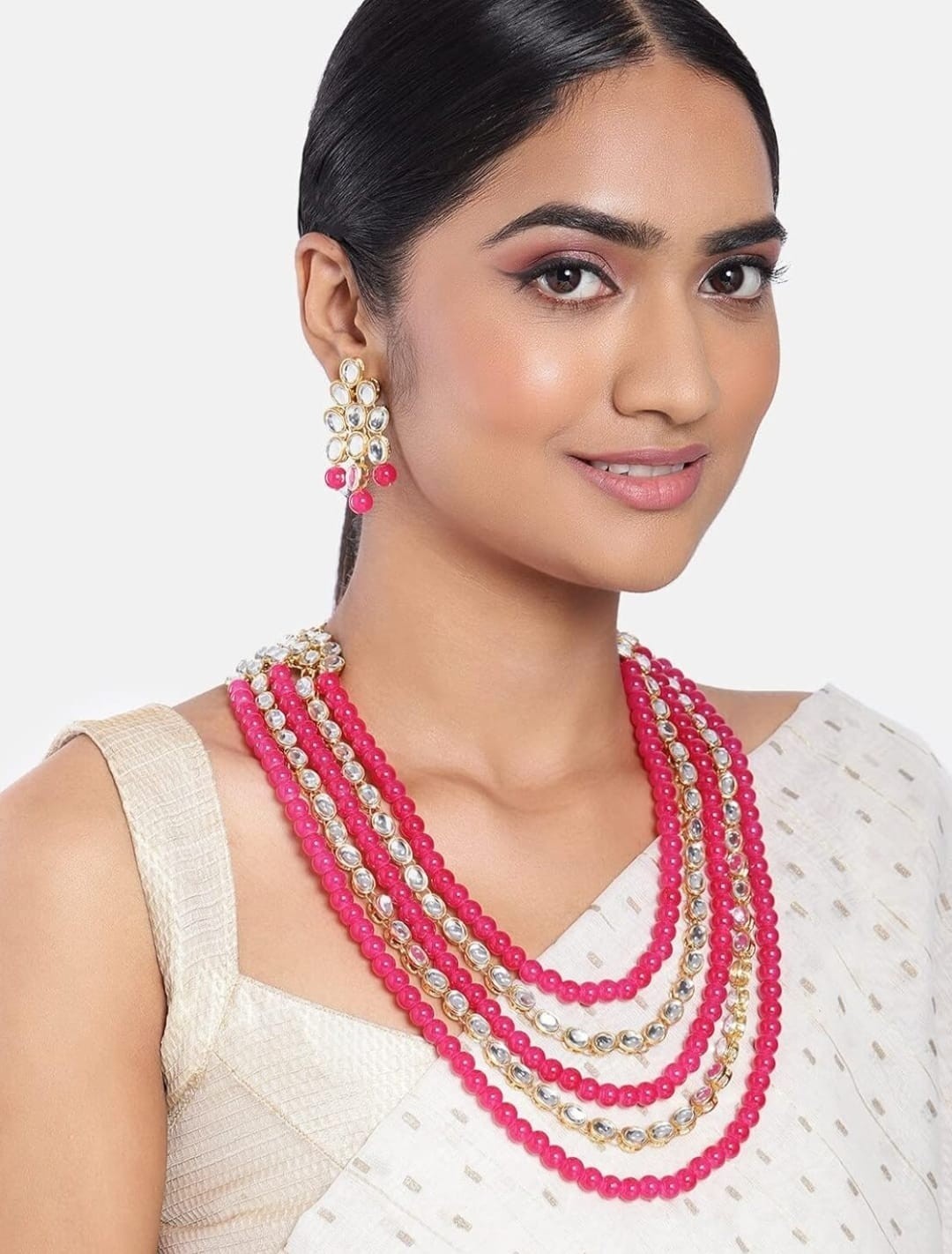 Indian bollywood created pearls pink colour beads necklace set with earrings