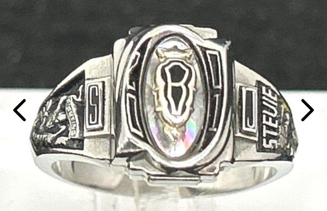 Vintage Jostens White Lustrium Signet Ring – Mother of Pearl Shell Inlay