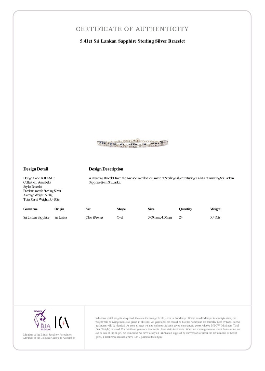 5.41ct Sri Lankan Sapphire Sterling Silver Bracelet