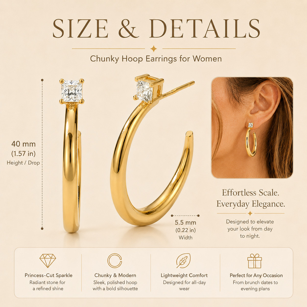 Uxvwez 18k Gold Silver Hoop Earrings for Women with Square CZ Stud