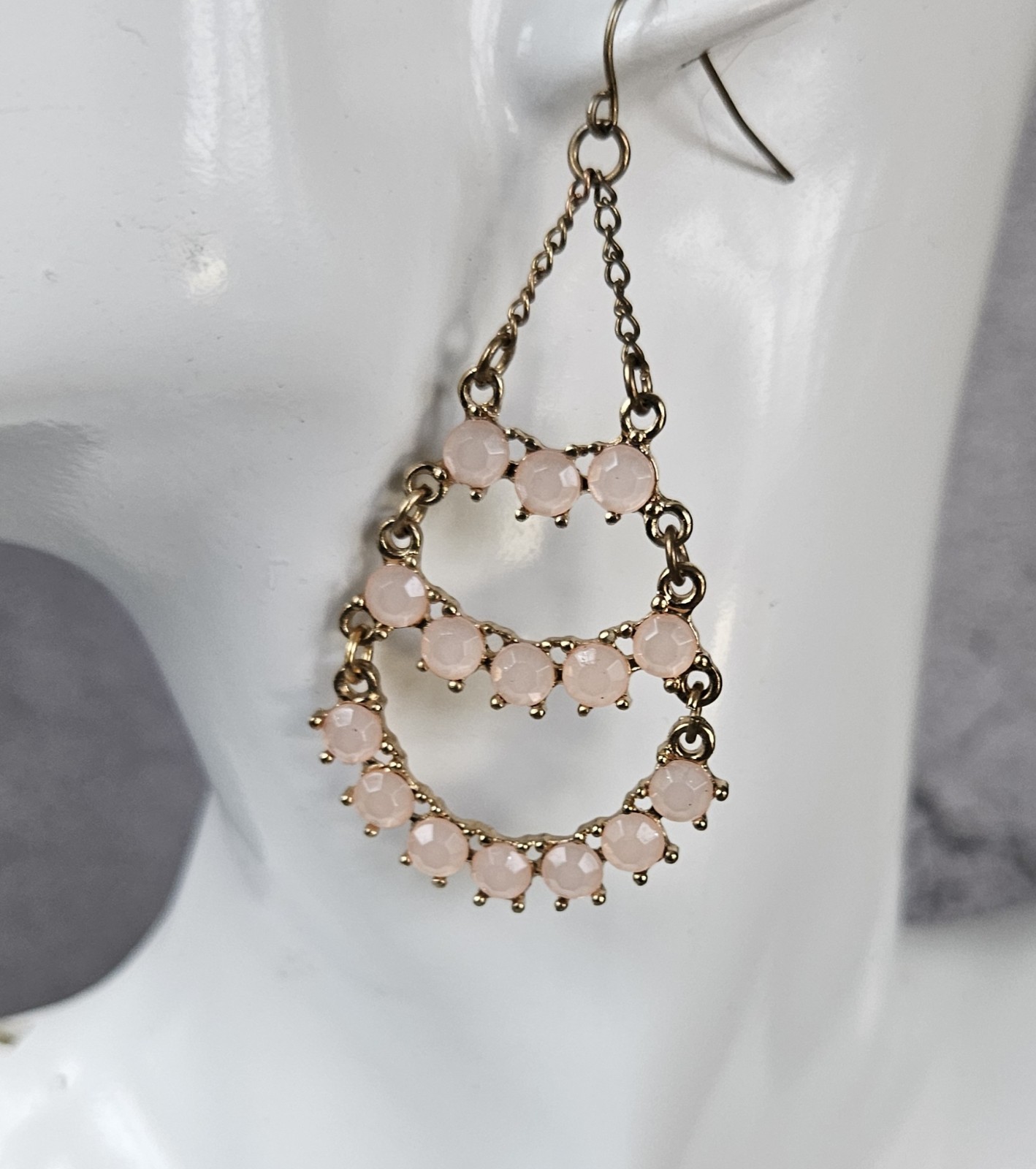 Cookie Lee Chandelier Earrings Pale Peach Soft Rose Pink Glass Stones Gold Tone