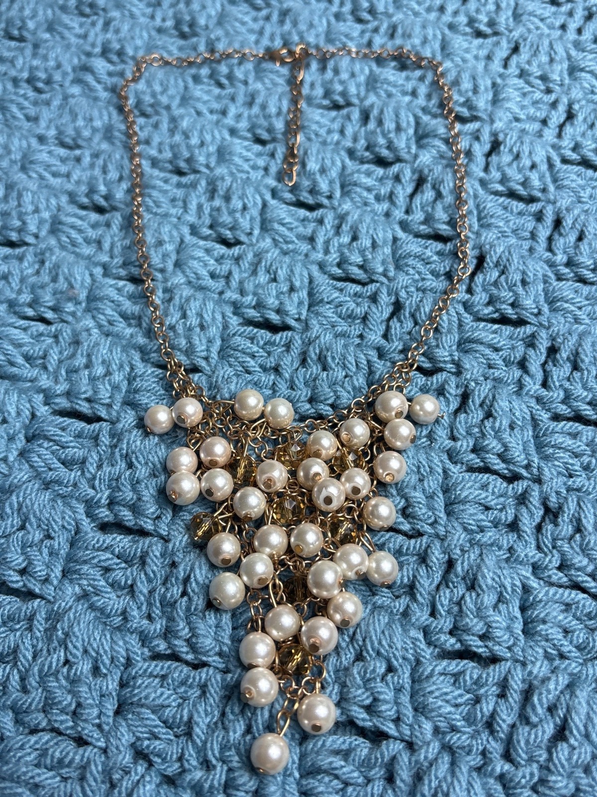 Goldtone Faux Pearl Bead Cluster Necklace 16 – 19 inches Long