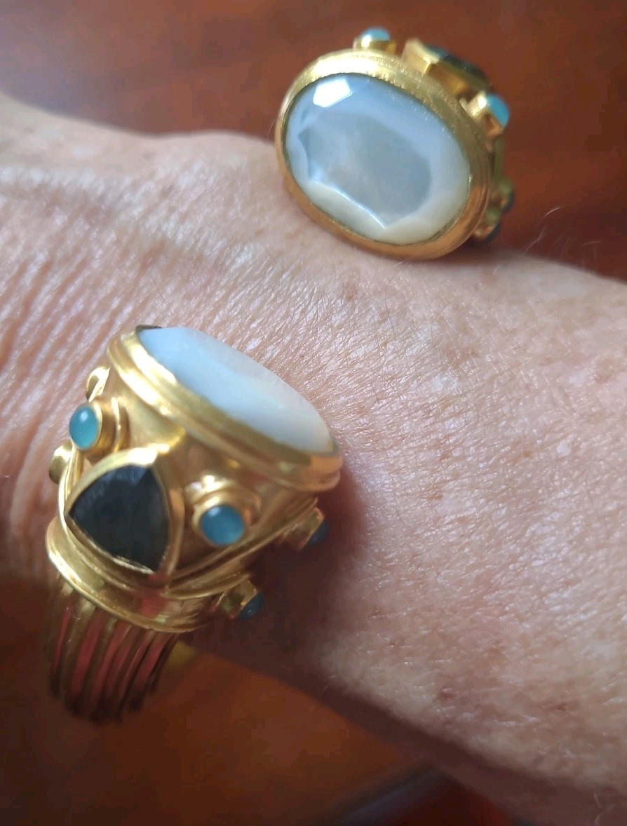 Julie Vos Cannes Cuff Hinge Bangle 24k Gold Mother Of Pearl Blue Brown Statement
