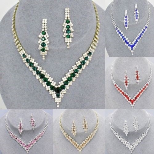 Crystal Necklace Earrings V Neck Rhinestone Wedding Bridal Cocktail Chain Choker