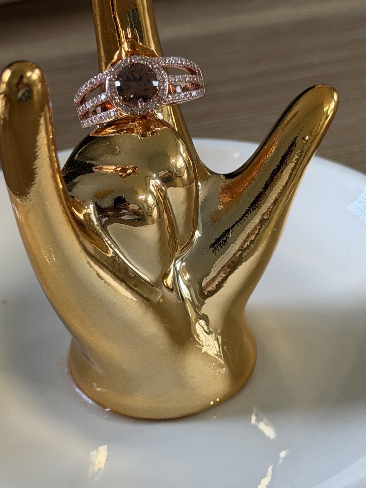 Rose Gold Tone Metal Cocktail Ring Size 6 ChampagneRound Stone Halo Pave