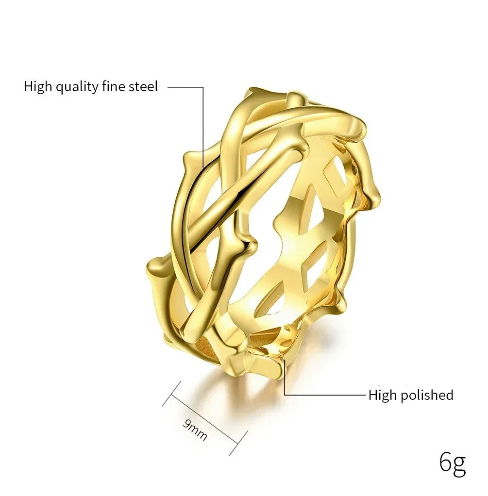 Men Women Crown of Thorn Ring Stainless Steel Tree Vine Branch Lucky Gift Silver