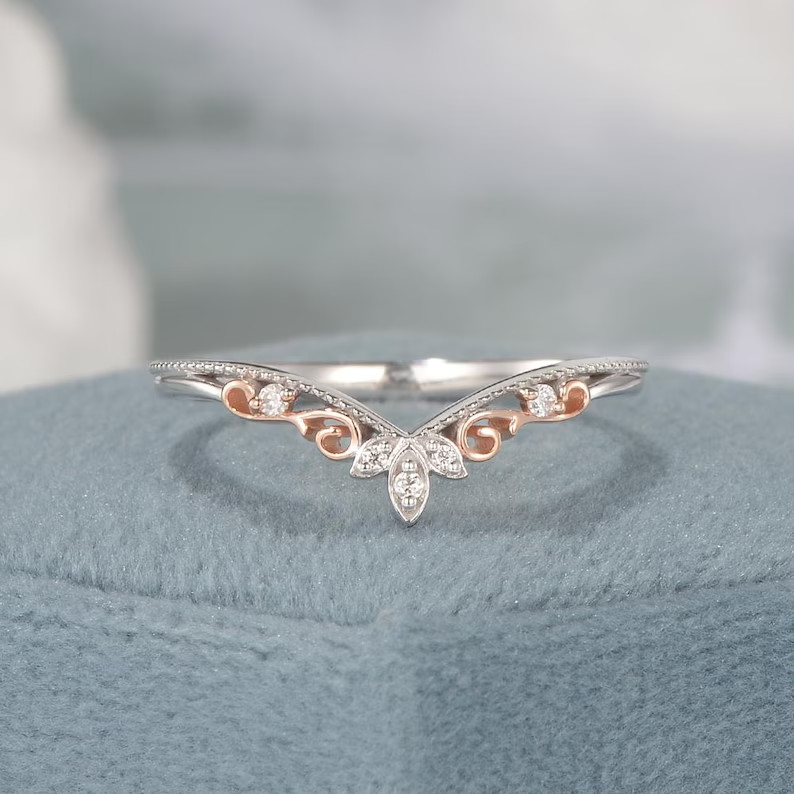 1 Ct Round Simulated Diamond Wedding V-Shape Band Ring 14k Two-Tone Gold Plated