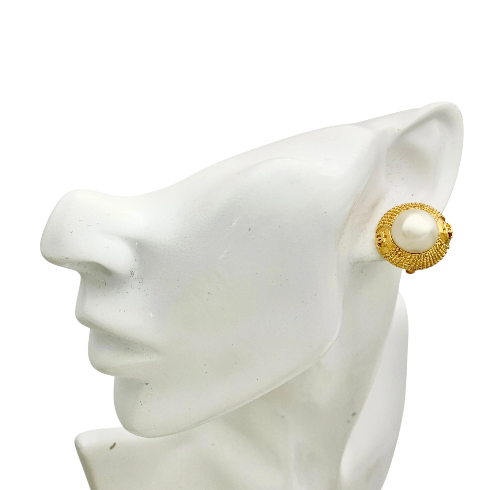 CHANEL Earrings Coco Mark Matelass Studs Chain Pearl Beads Gold Logo Round Vinta