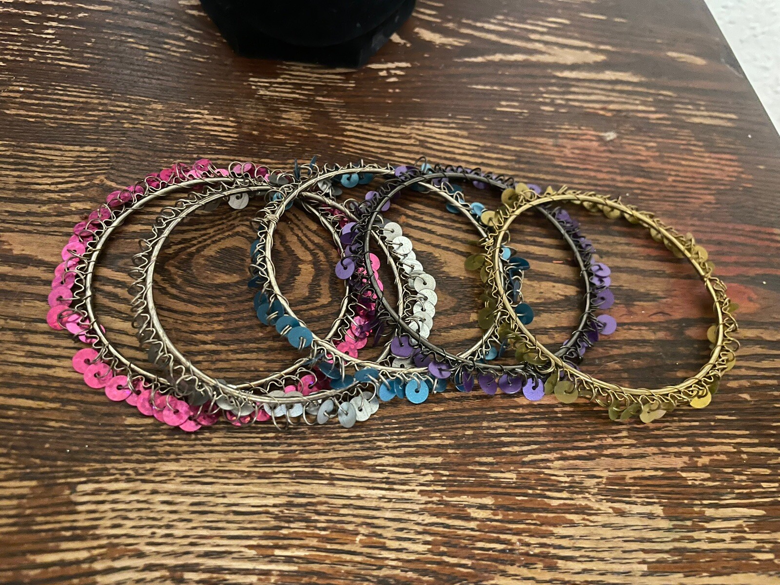 NEW Set Of 5 Sequin Bangle Bracelets Silver Gold Blue Pink Purple 2.5” Diameter