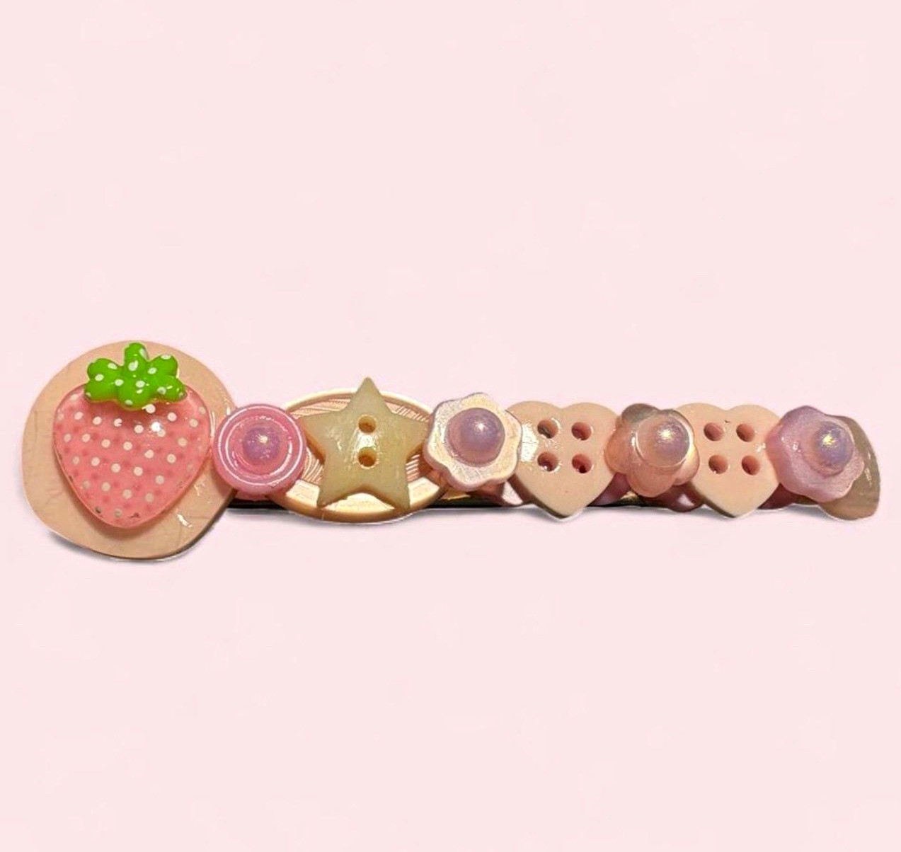 Handmade Pink Strawberry Fairy Coquette Buttons kawaii Hair Clip Barrette 3.85in