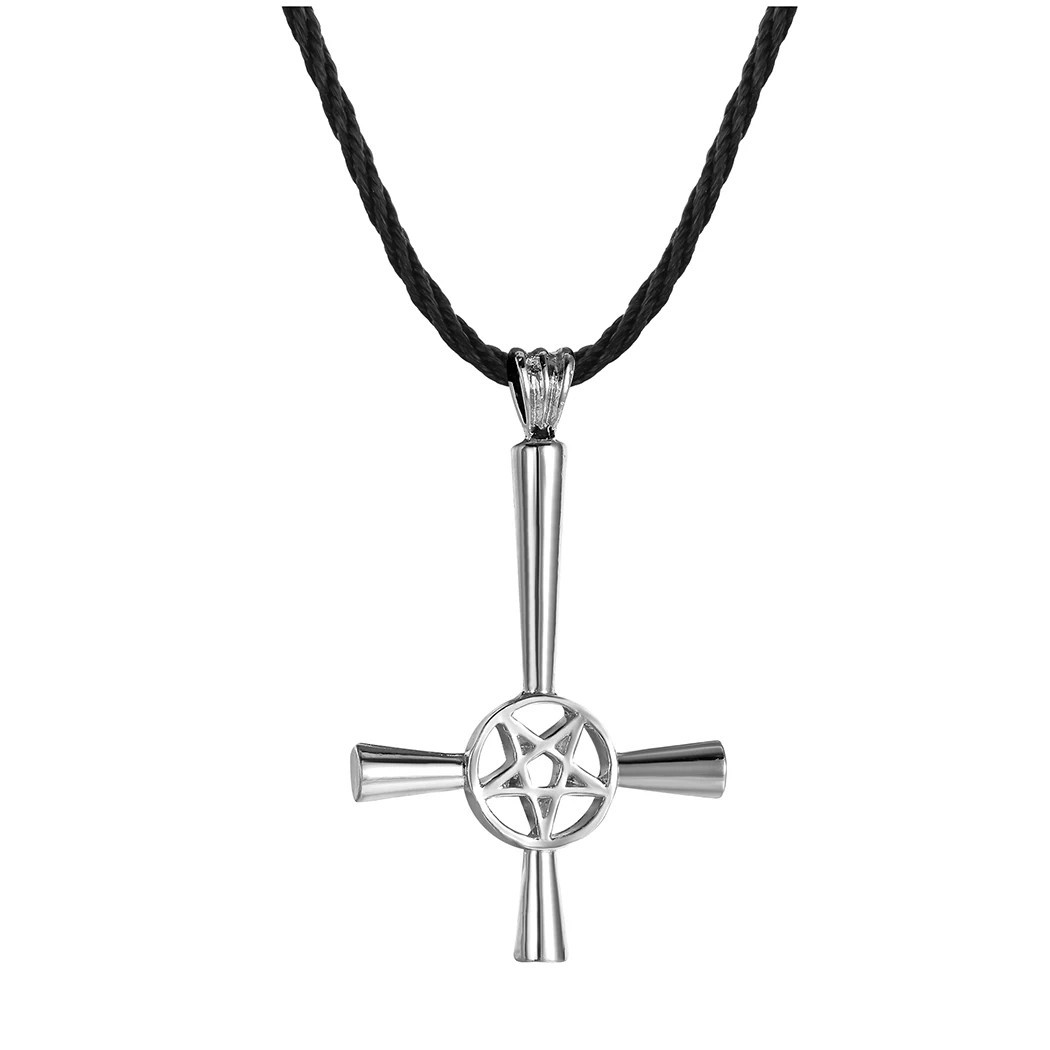 Inverted Cross Pentacle Pentagram Star Silver Pendant Necklace Satanic Religious