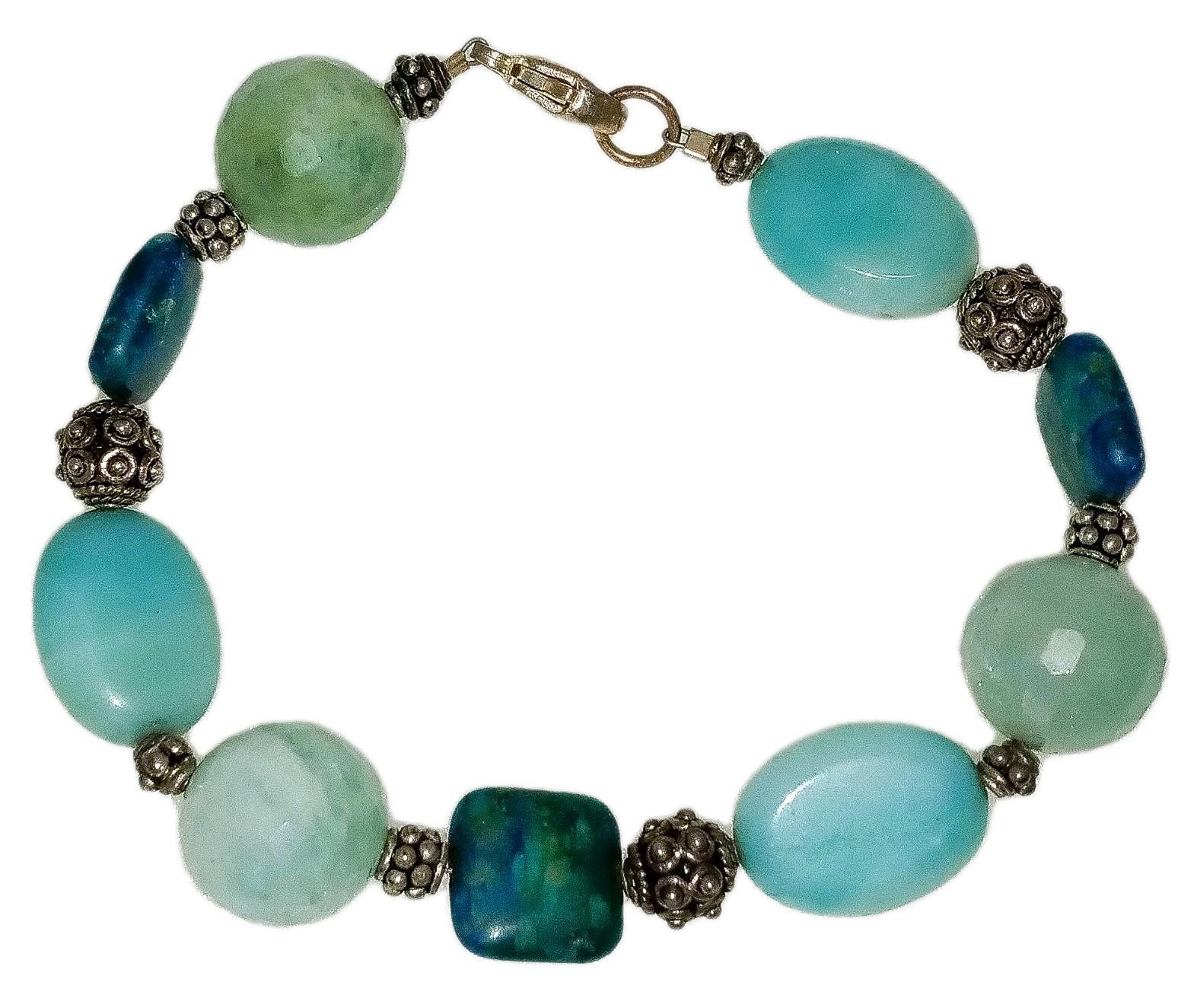 Greens/Blues Colored Dyed Howlite, Agate, Apatite Nautilus Silver Bracelet 6″-8″