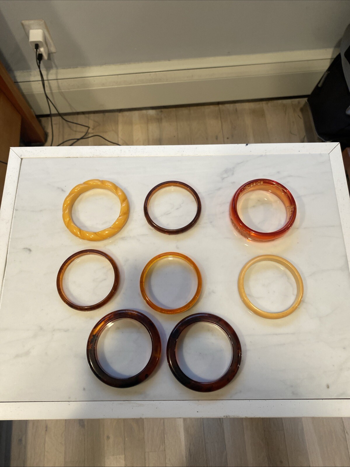 7 Bakelite Bracelets, top right one is not available, 100% authentic great cond.