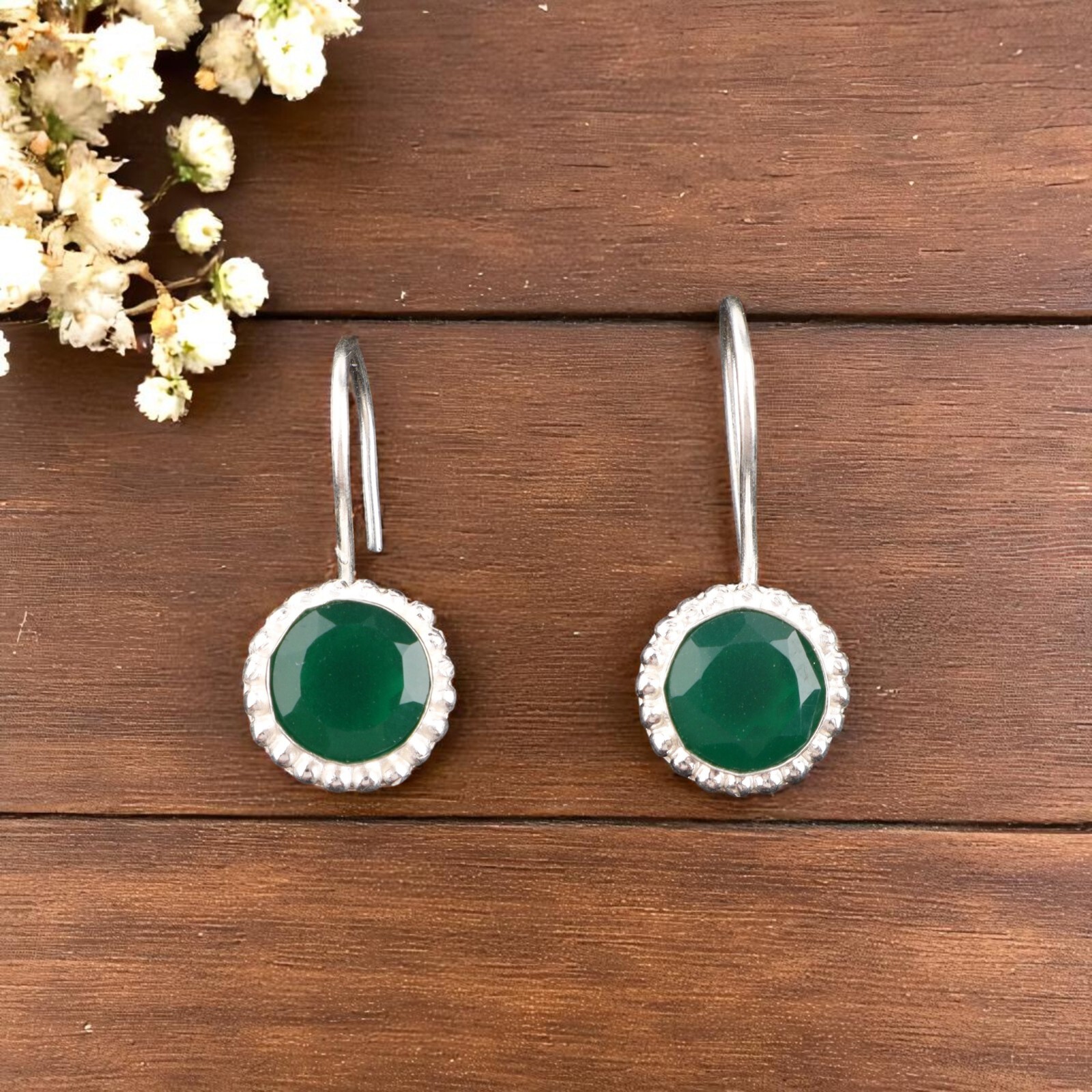 Green Onyx Gemstone 925 Stamp Silver Statement Jewelry Earrings 0.93” For Gift