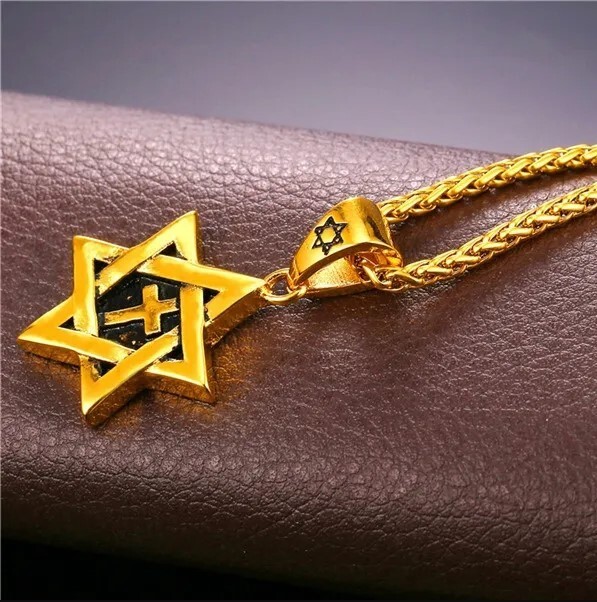 Gold Jewish Star of David with Cross Necklace