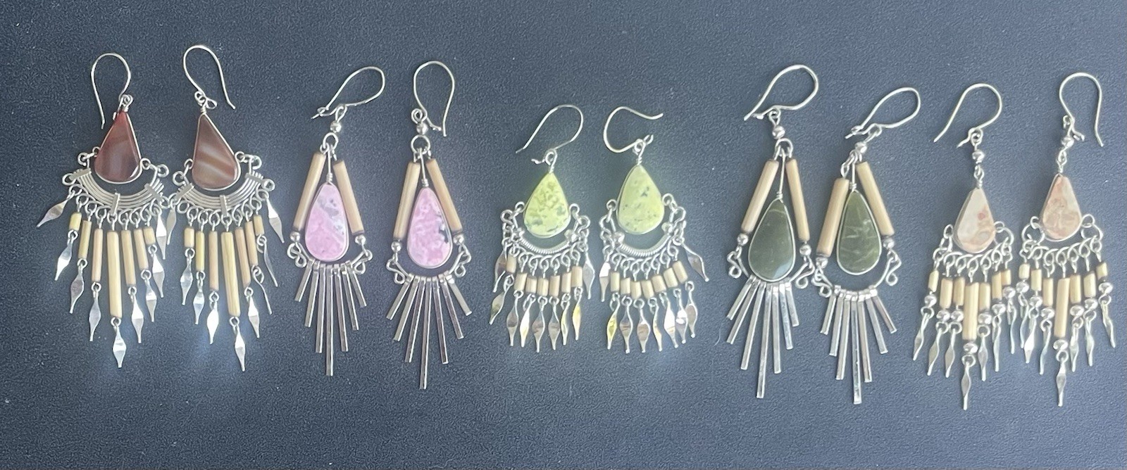 5 Pairs Peruvian Semi-Precious Stone Bamboo Earrings Handmade Lot Peru Boho