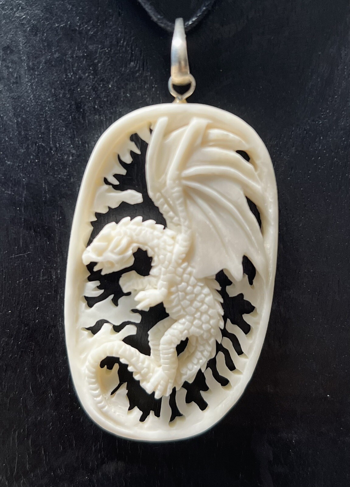 Dragon Wings Fire Sterling Silver 925 Hand Carved Bone Bovine Pendant Necklace
