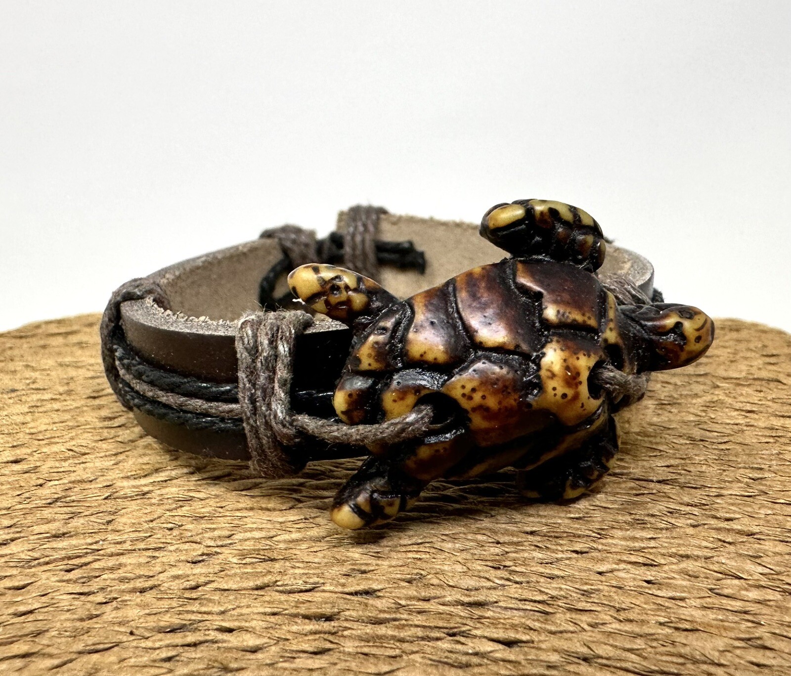 Handcrafted Brown Turtle Bracelet with Adjustable Leather Cord – Unique Jewelry
