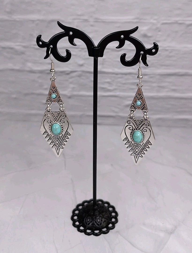 Silver Tone Dangle Faux Turquoise Boho Style Diamond Shaped Earrings 5.5×2.5cm