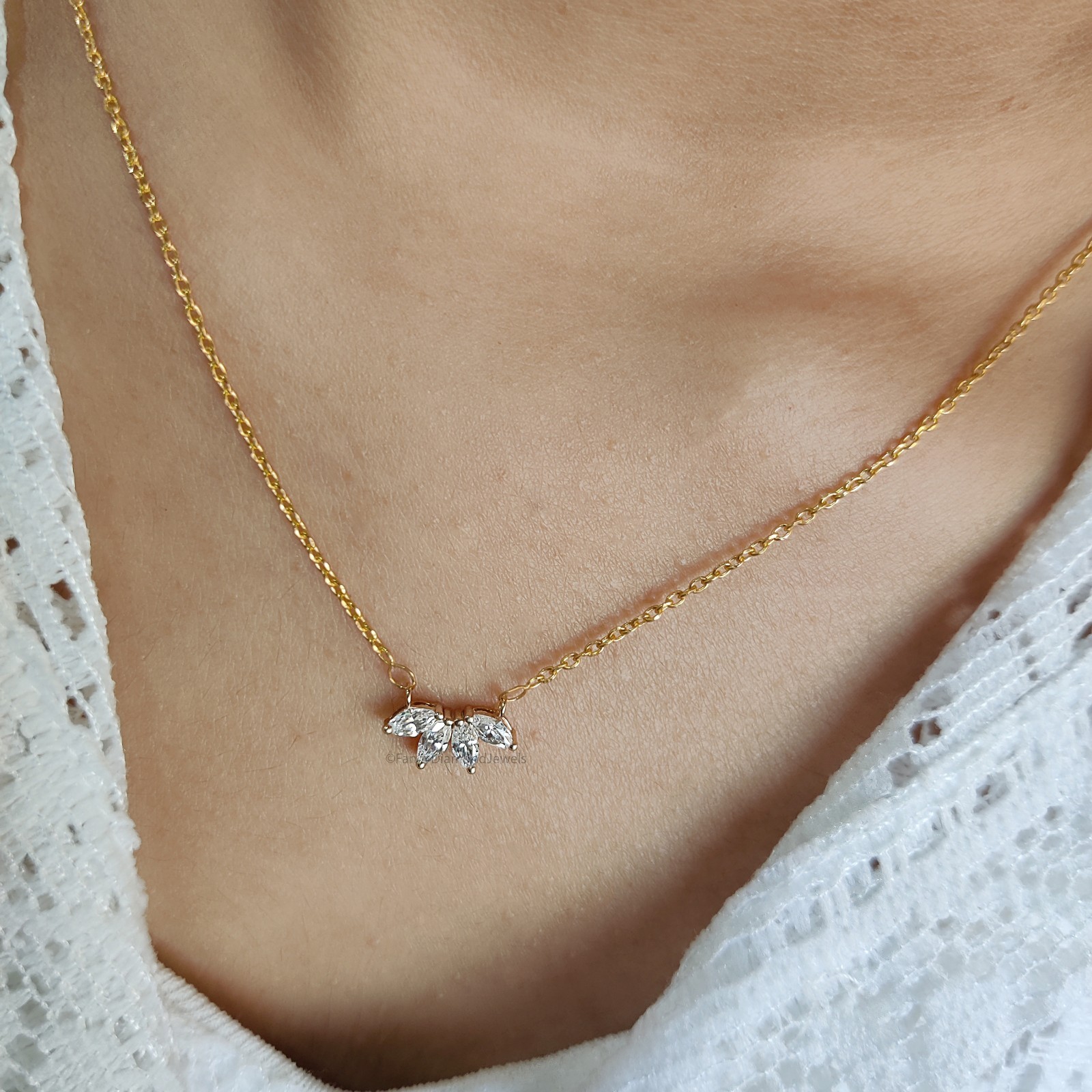 Marquise Cut CZ Diamond Flower Necklace Yellow Silver handmade jewelry Necklace