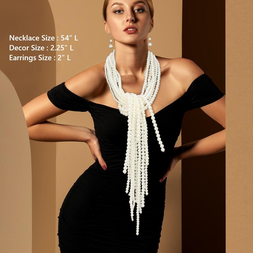 Long Cream Ball Statement Chunky Necklace Pearl Multi Row Strand Layered Bead