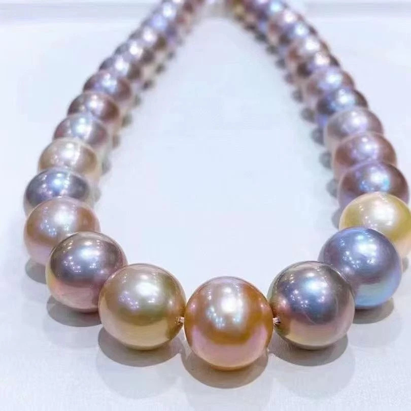 Huge 18inch 12-15mm South Sea Golden Pink Purple Lavender Round Pearl Necklace