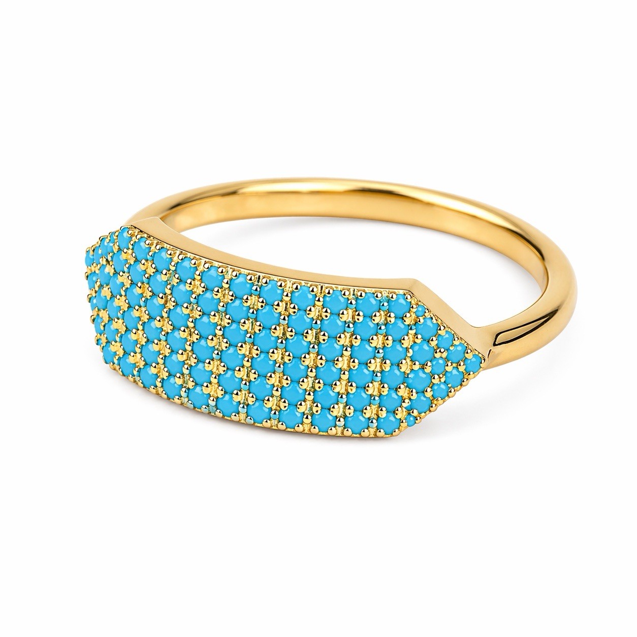 Turquoise Pave Statement Ring Size 7 Gold Tone Wide Band Blue Stone Womens