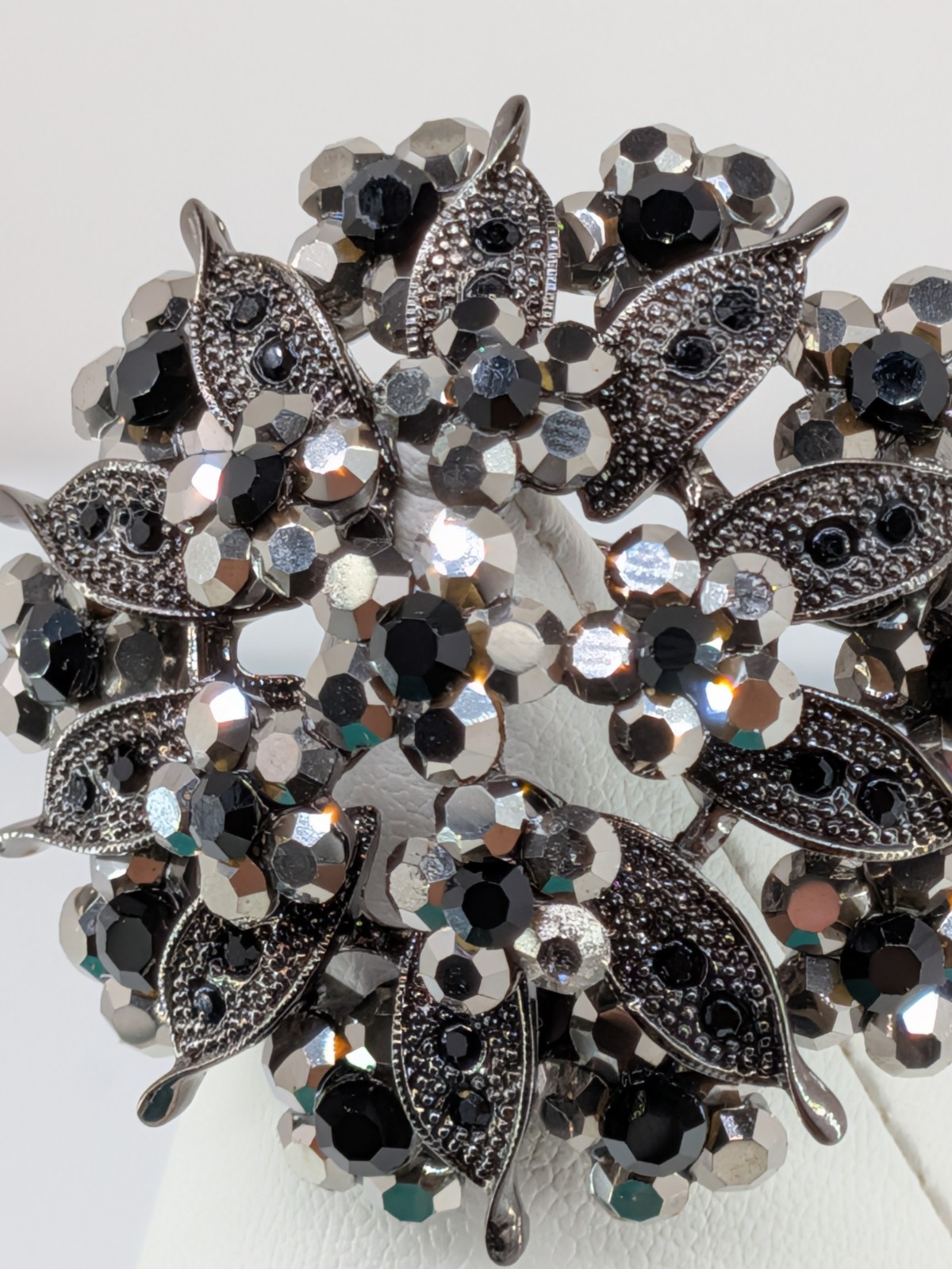 Vintage Gunmetal Rhinestone Flower Brooch Pin Hematite Crystal Dome 2in 30g
