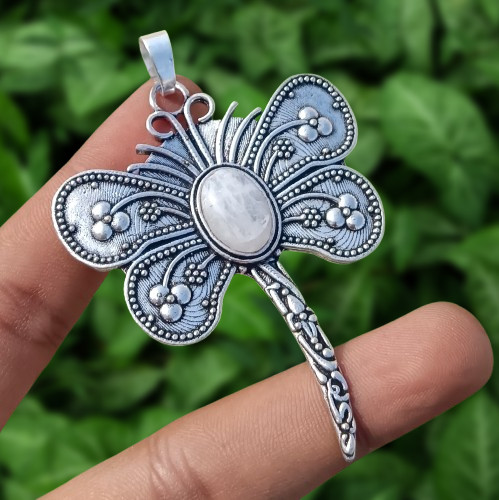 Glowing Moonstone Gemstone Butterfly Pendant 925 Sterling Silver Plated Jewelry