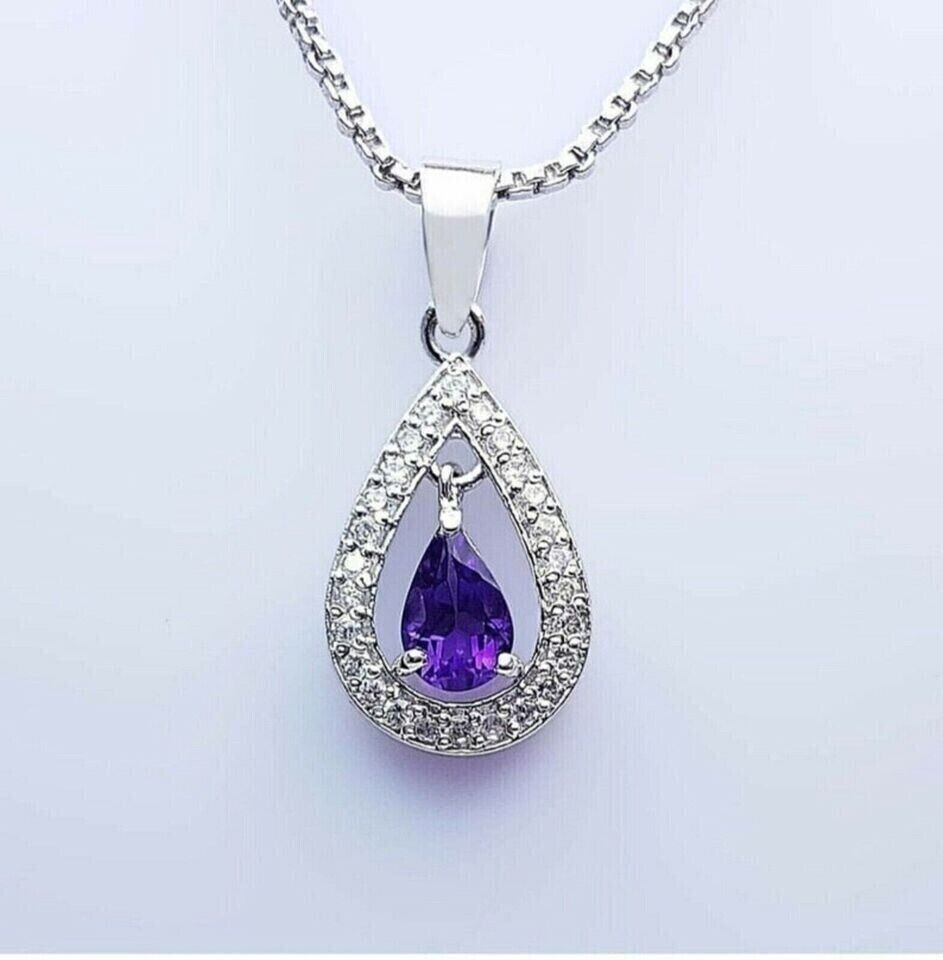14K White Gold Plated In 2Ct Pear Cut Simulated Amethyst Women’s Charm Pendant