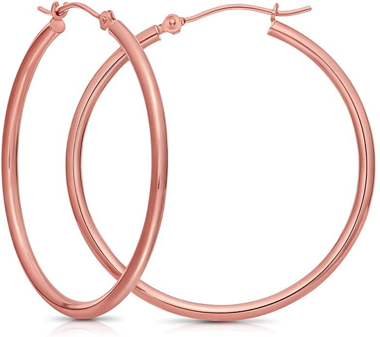 14k Rose Gold 2mm Polished Round Tube Hoop Earrings, Diameter 25mm