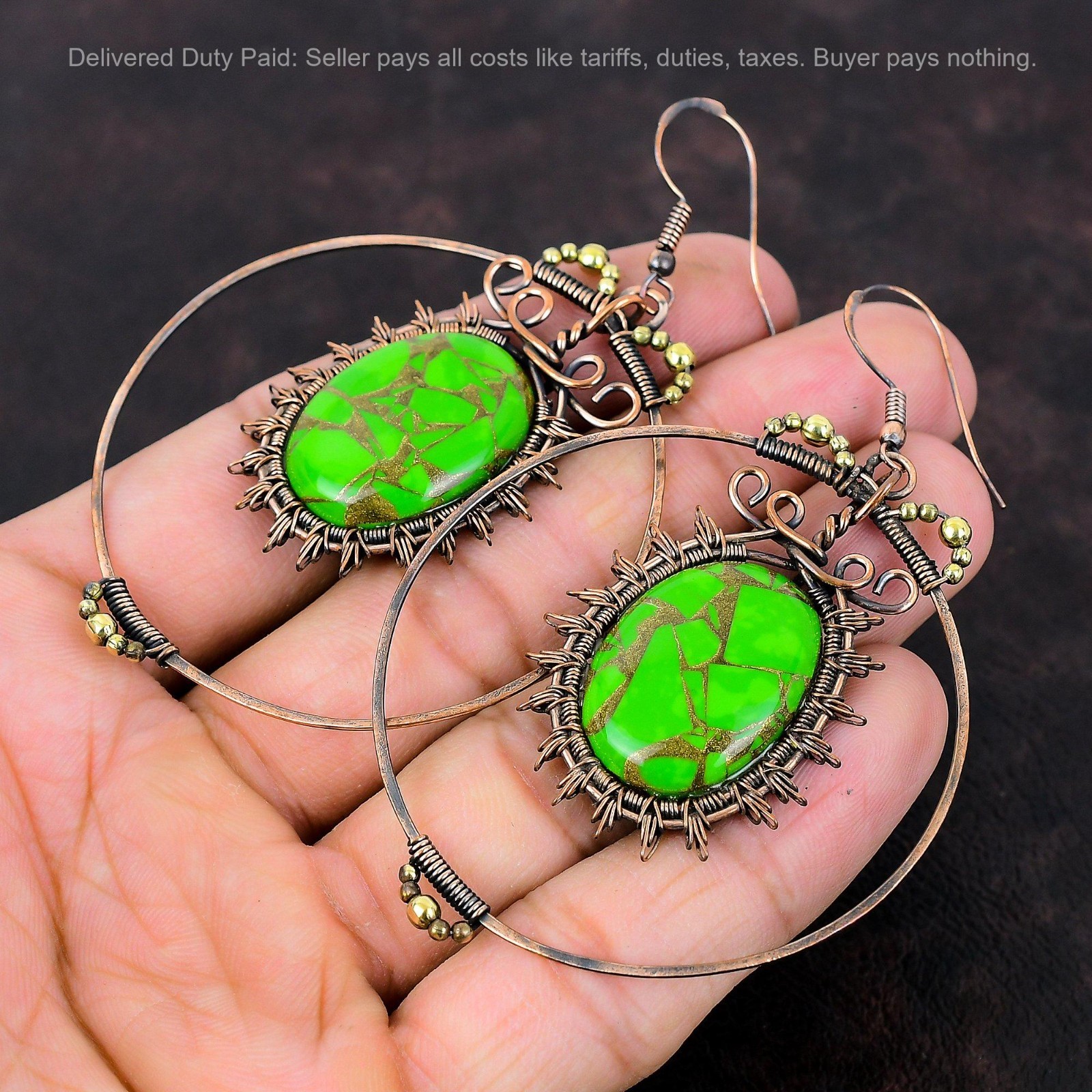 Copper Green Turquoise Gemstone Copper Dangle Drop Wire Wrapped Sister Earrings