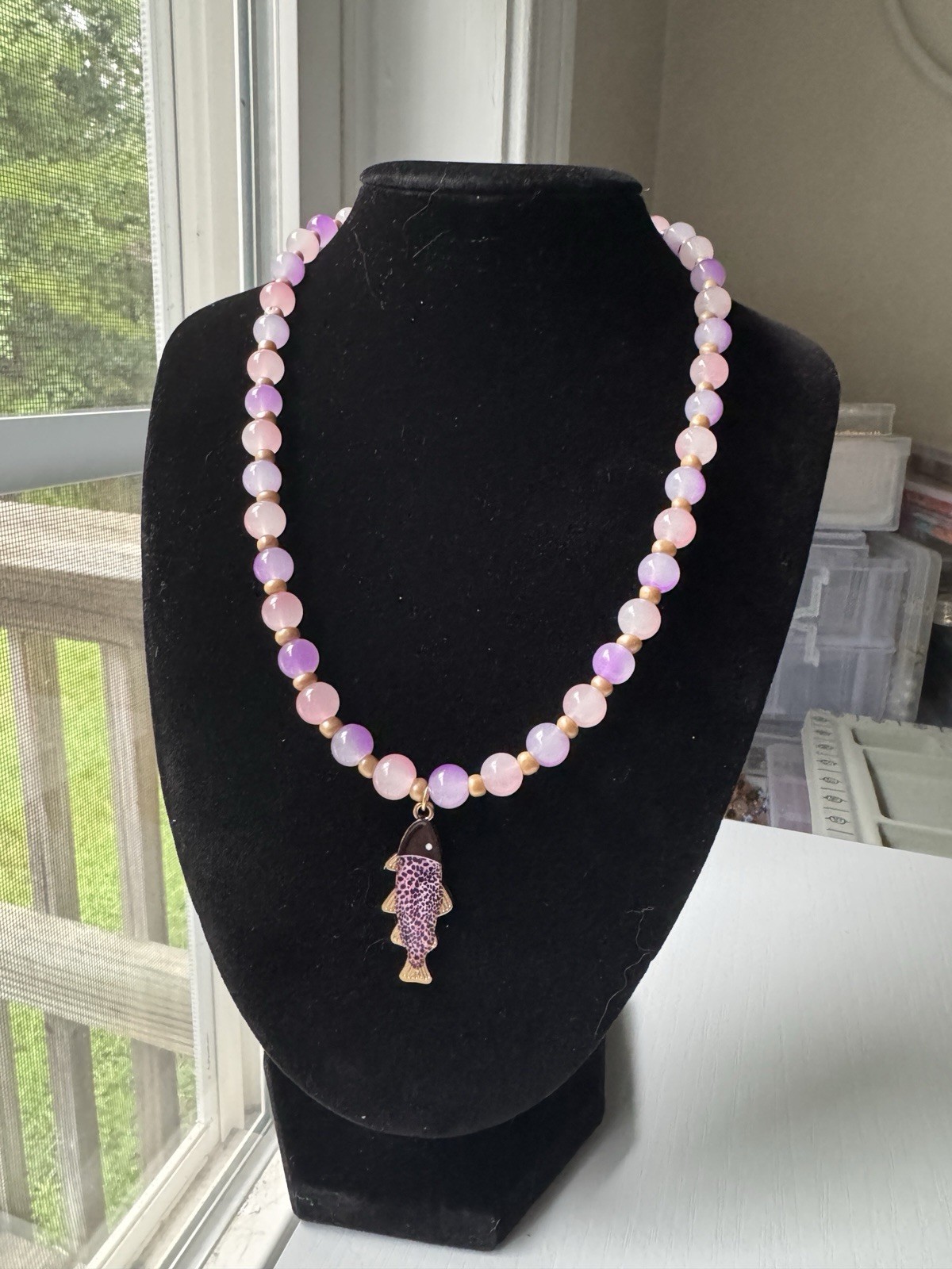Handmade Pink Purple Gold Beaded Necklace Fish Charm Pendant