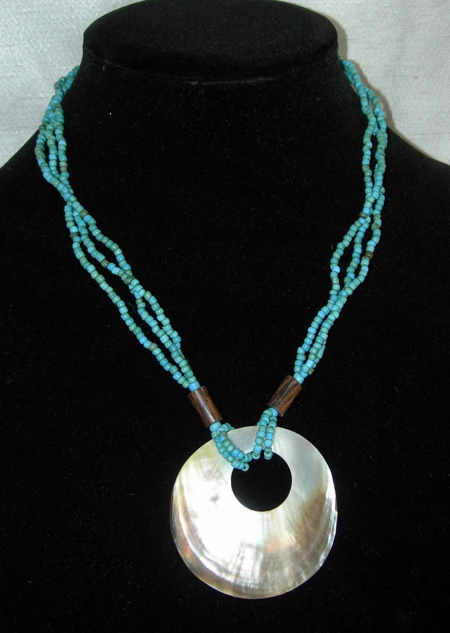 Santa Fe Style Turquoise Color Bead Three Strand Necklace with Shell Centerpiece