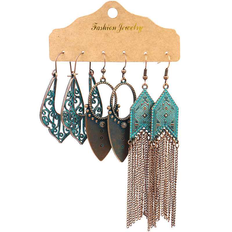 3 Pairs/Set Bohemian Boho Earrings Hook Drop Dangle – Tassle, Teal, Trendy – B#3