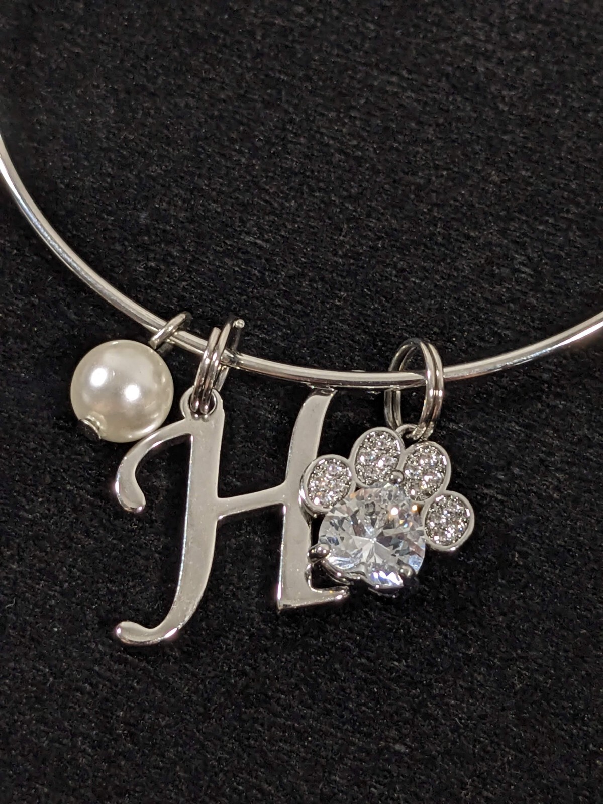 Silver Tone Initial Letter H Paw Print Crystal Faux Pearl Charm Bracelet 8.5 in