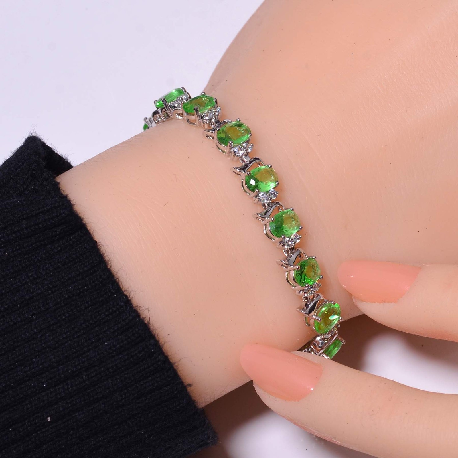 Green Amethyst & Cubic Zirconia 925 Sterling Silver Tennis Bracelet 7.99″ B16