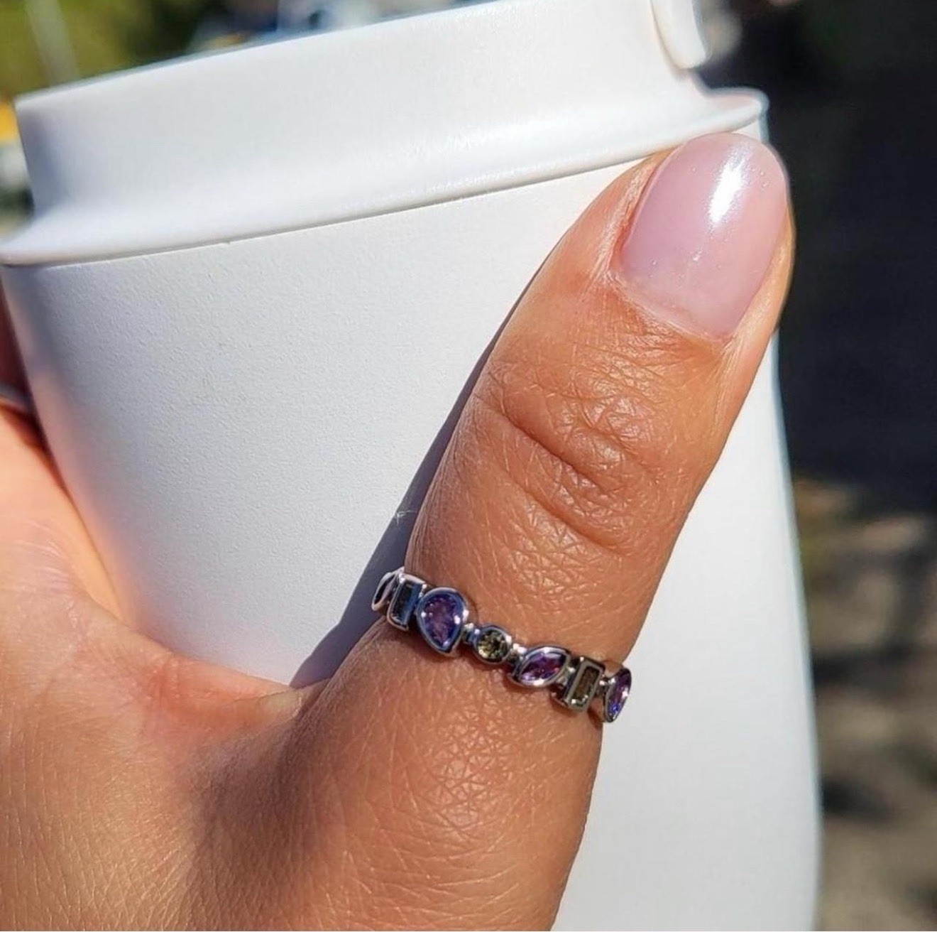 Silver Tone Eternity Band Ring Purple & Green Gemstones Adjustable Stackable