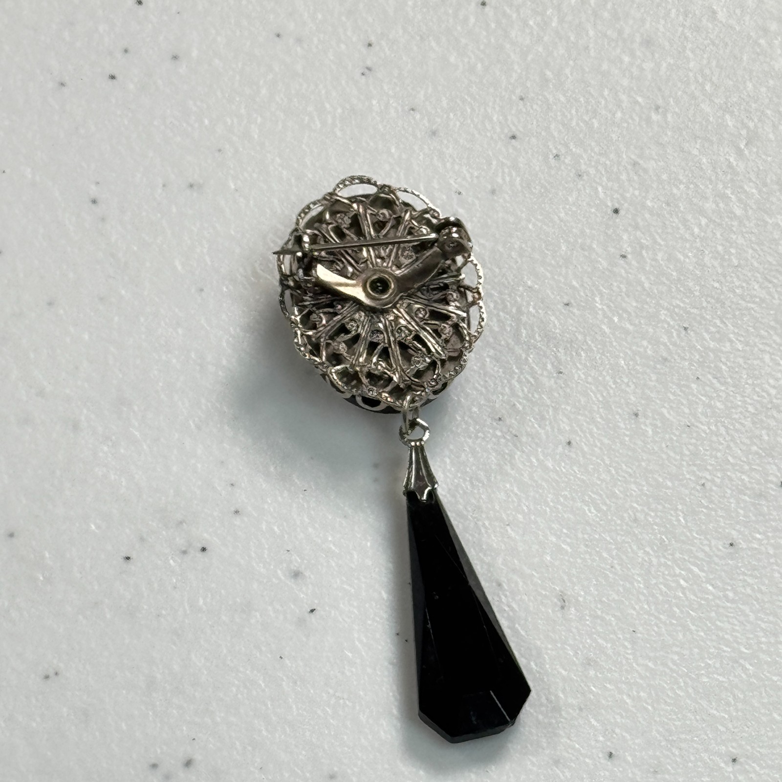 Vintage Cameo Brooch Pendant Black Glass Dangle Victorian Revival Silver Tone