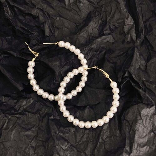 Pretty New Fashion Jewelry Yellow Gold Plated White Pearl 2″ Round Hoop Earrings