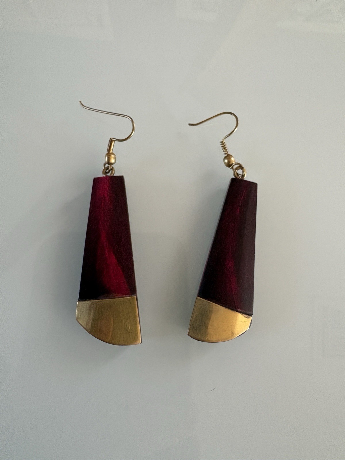 Egyptian Handmade Dark Red Earrings Brass Tips Long Design 2″