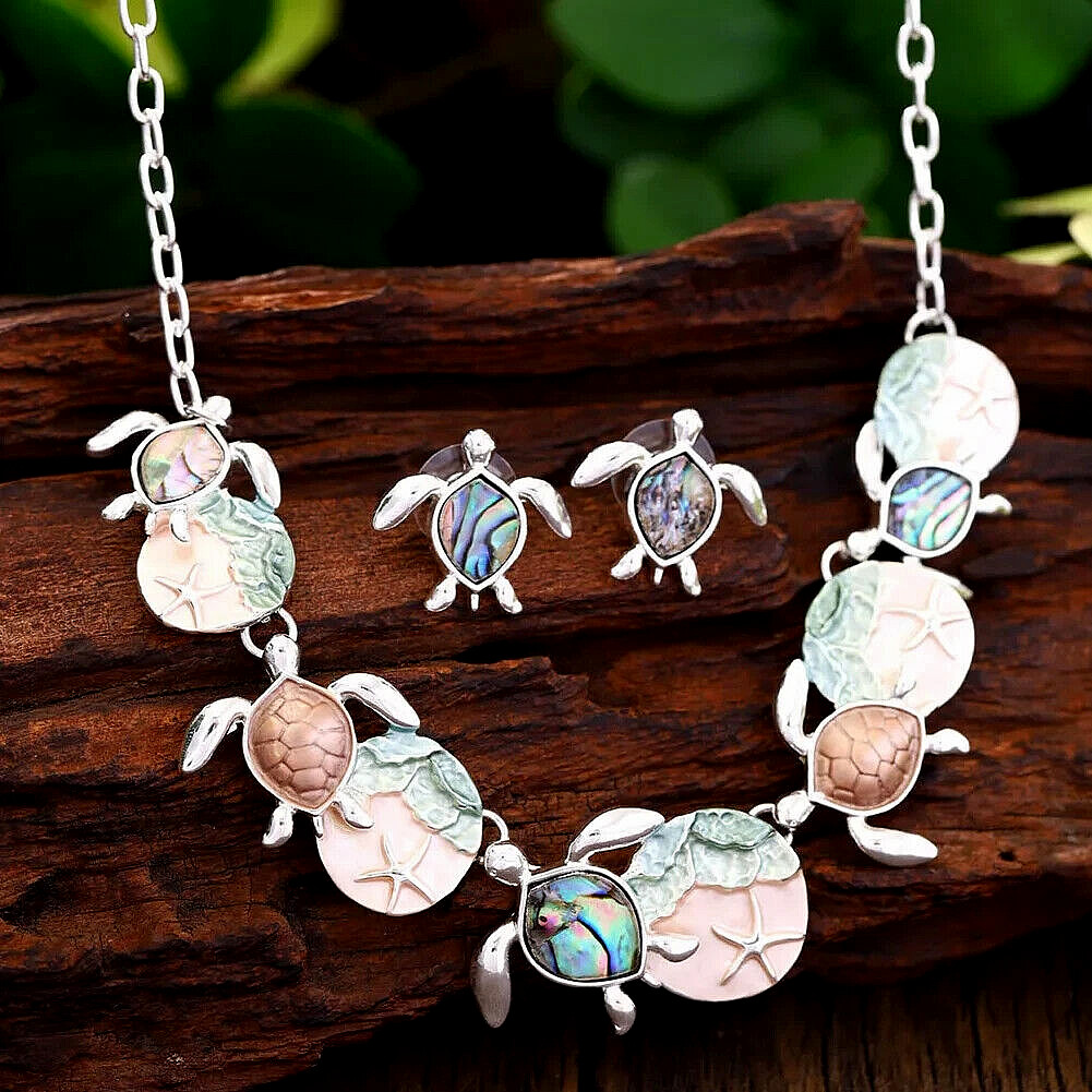 AVIANNA ABALONE SHELL OCEAN LIFE DESIGNER ENAMEL TURTLE NECKLACE & EARRING SET