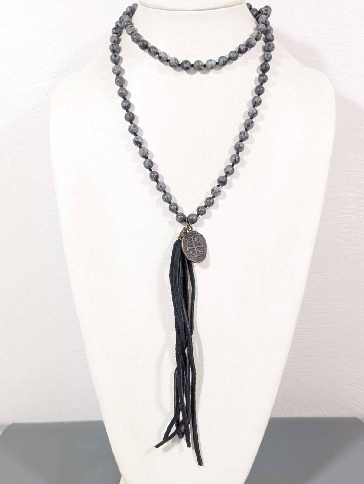 Dark Gray Black stone Bead leather Tassel Long Layering Necklace 36″