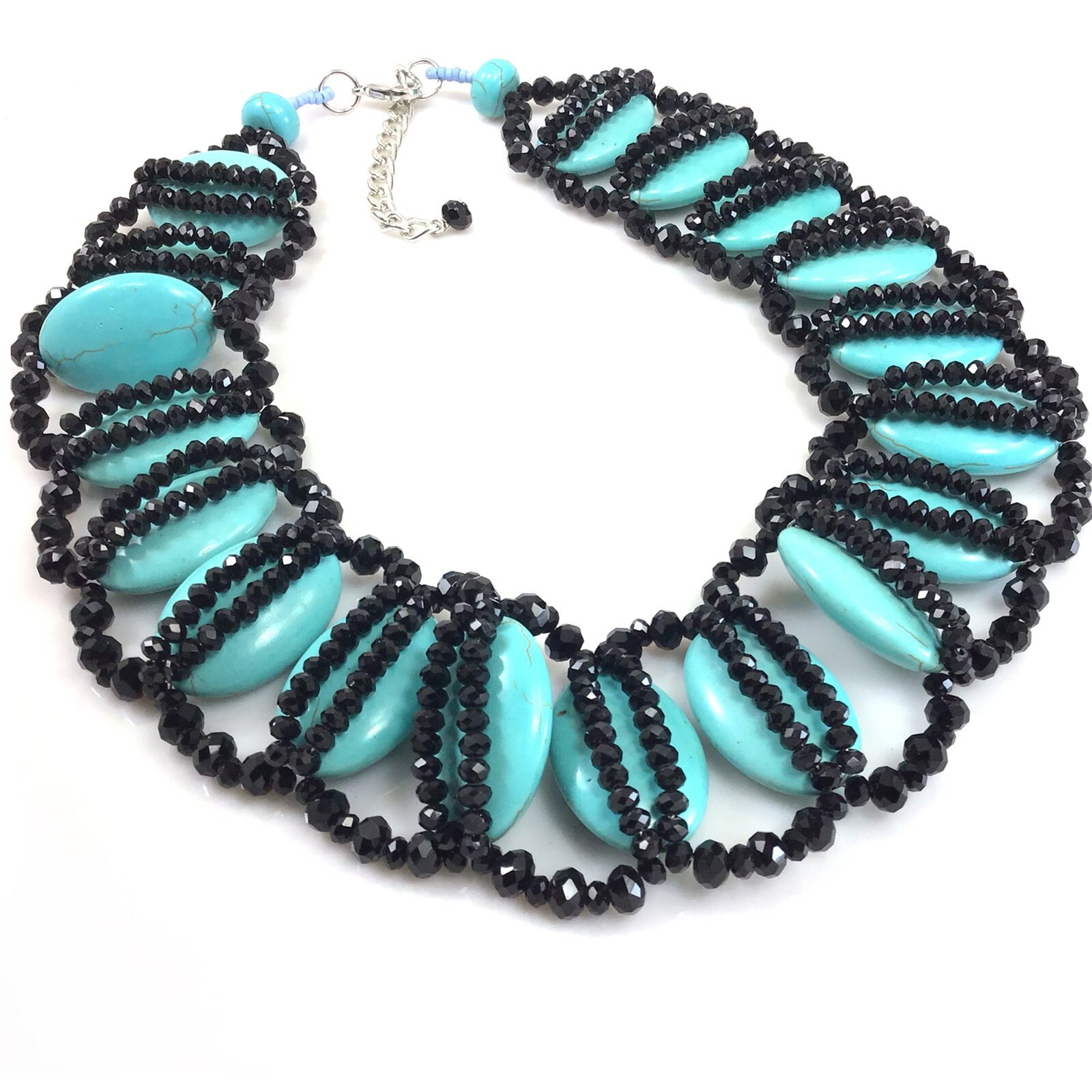 Magnesite Turquoise & Black Crystal Beads Necklace w/Silver Tone Clasp 18-20.5″