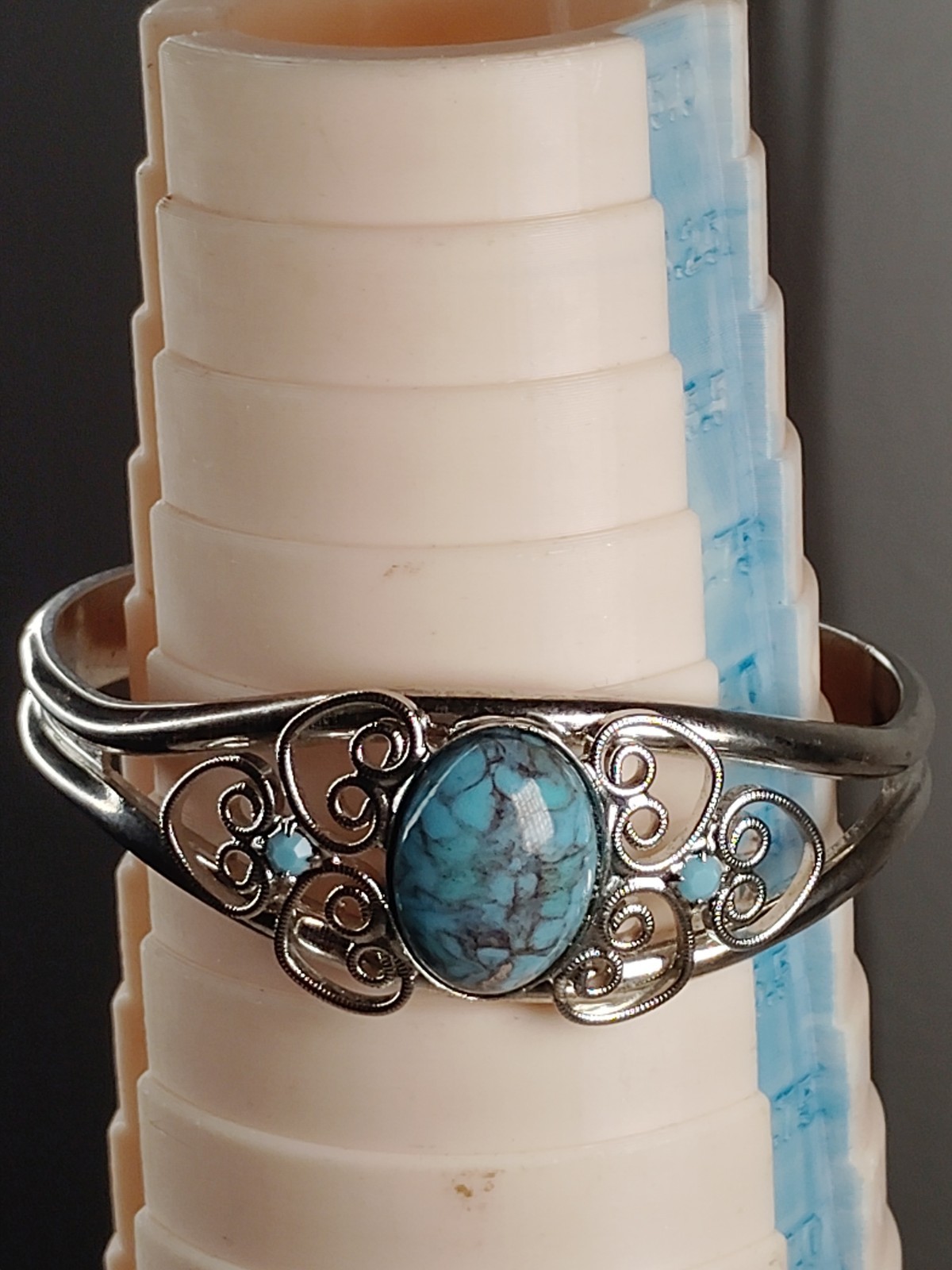 Silver Tone Oval Blue Faux Turquoise Stone Cuff Bracelet Metal
